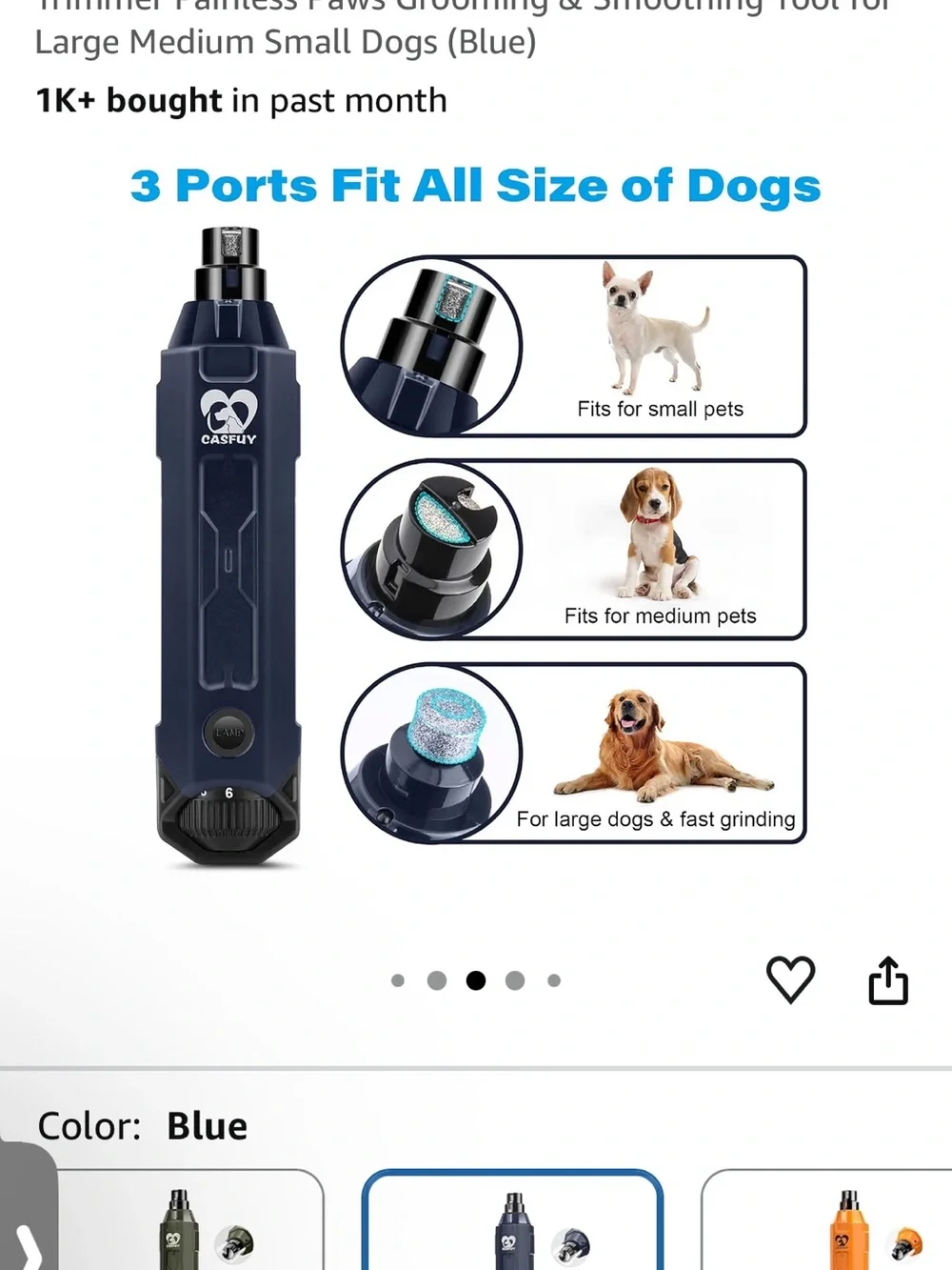 Blue Rechargeable Dog Nail Grinder – Quiet 6-Speed Pet Trimmer